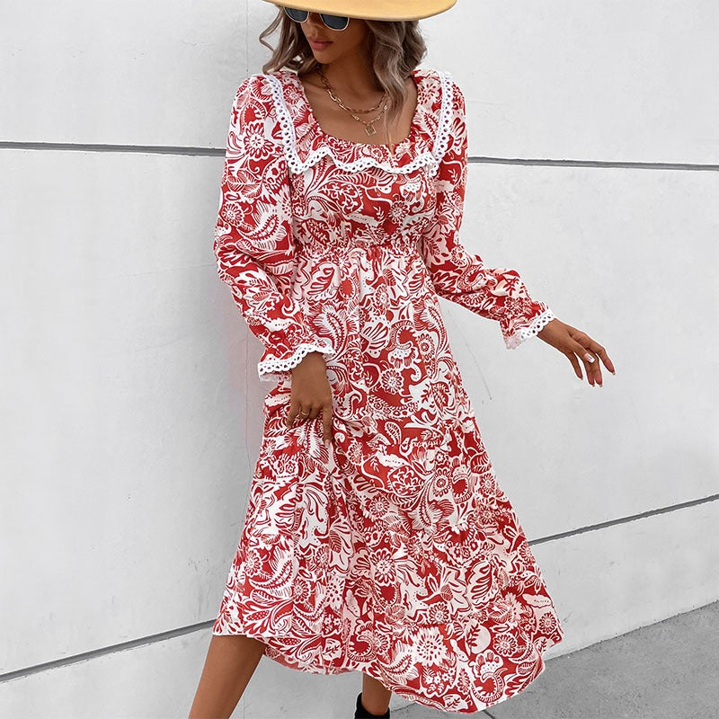 Women's Floral Lace Long Sleeve Midi Dress
