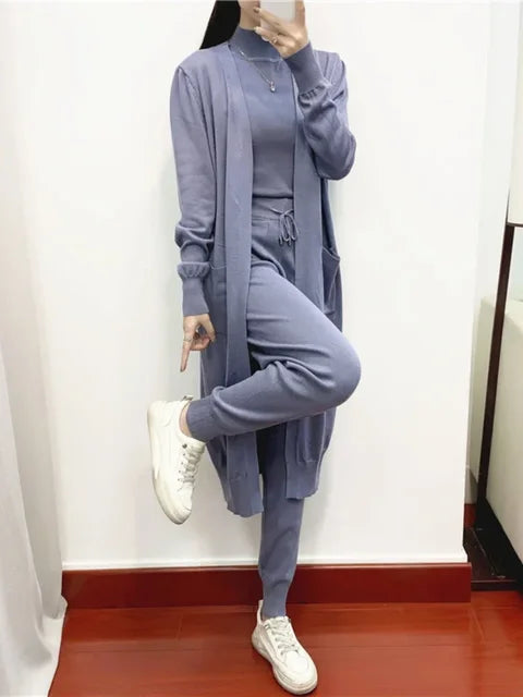Women's 3-Piece Knit Co-ord Set – Cardigan, Vest & Trousers