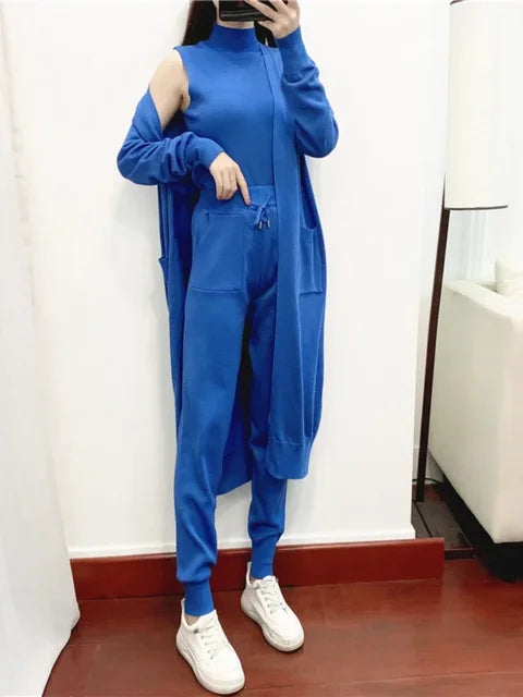 Women's 3-Piece Knit Co-ord Set – Cardigan, Vest & Trousers