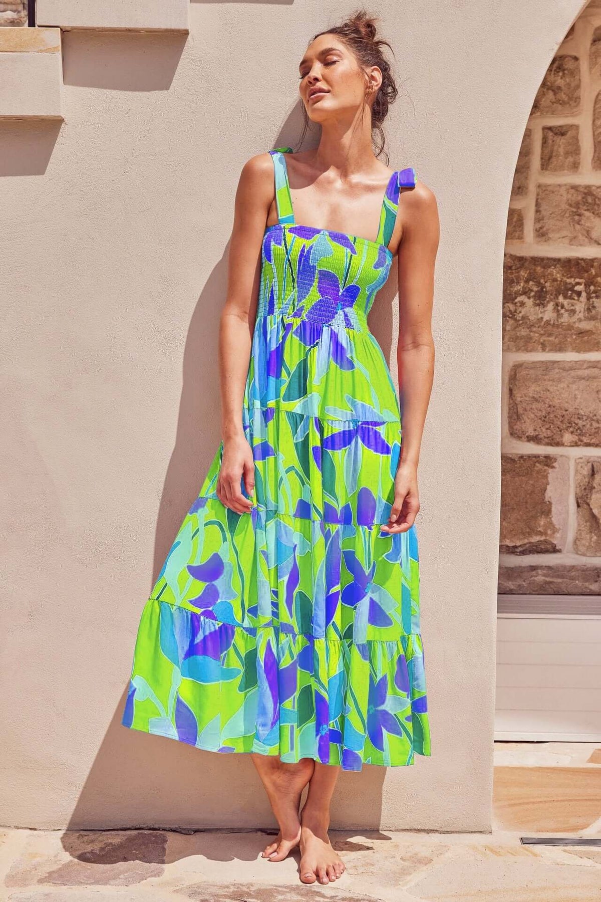 Printed High Waist Sling Maxi Dress