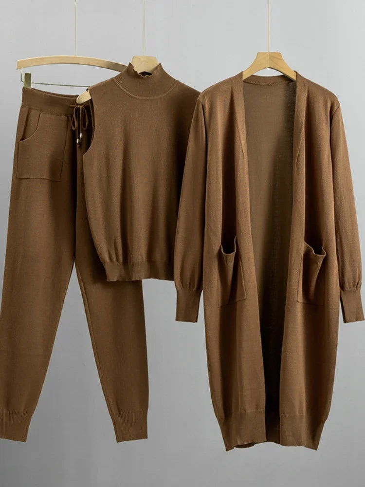 Women's 3-Piece Knit Co-ord Set – Cardigan, Vest & Trousers