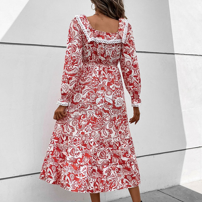 Women's Floral Lace Long Sleeve Midi Dress