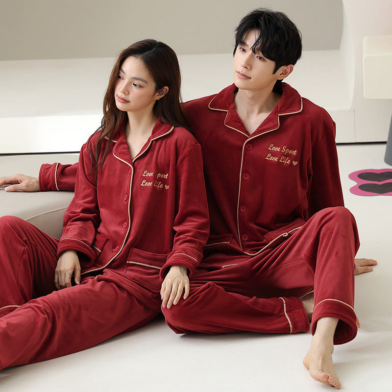 Couple's Polo Collar Pyjama Set — Wine Red