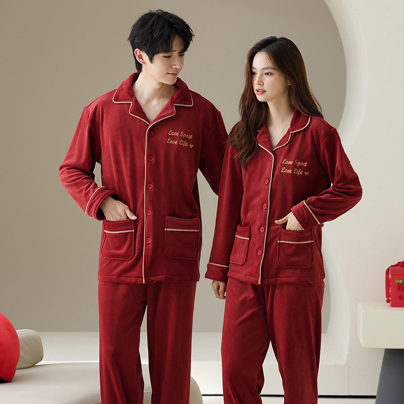 Couple's Polo Collar Pyjama Set — Wine Red