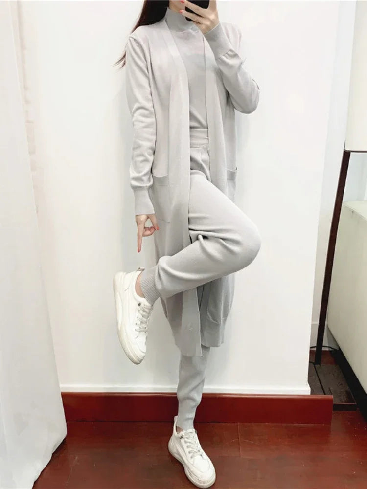 Women's 3-Piece Knit Co-ord Set – Cardigan, Vest & Trousers