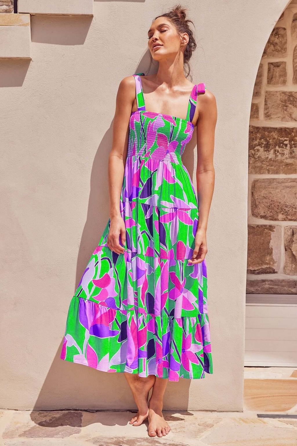 Printed High Waist Sling Maxi Dress