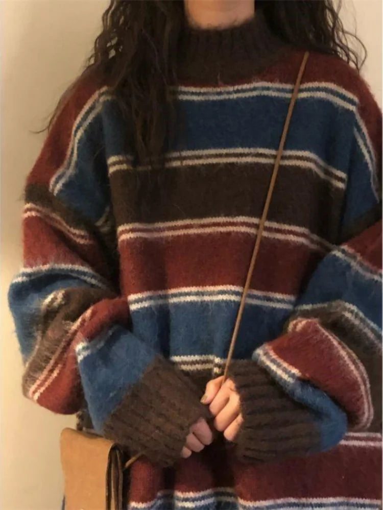 Women's Striped Contrast Knit Pullover Jumper