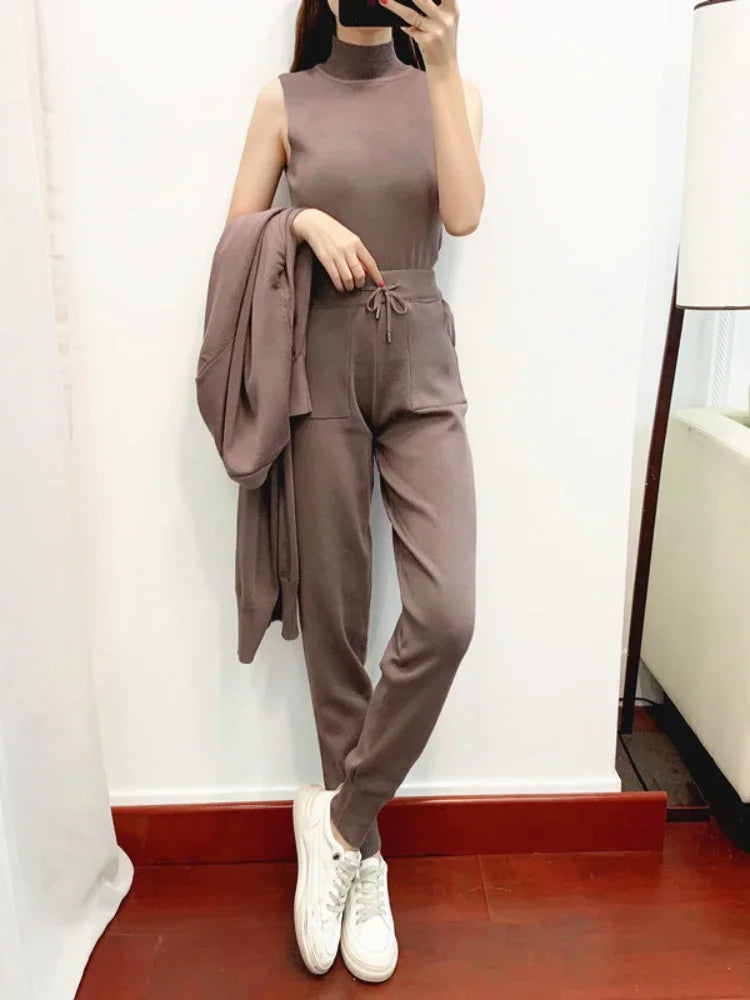 Women's 3-Piece Knit Co-ord Set – Cardigan, Vest & Trousers