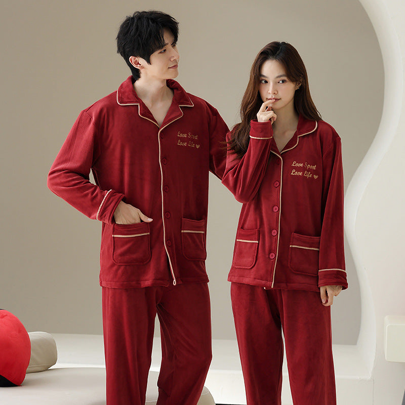 Couple's Polo Collar Pyjama Set — Wine Red