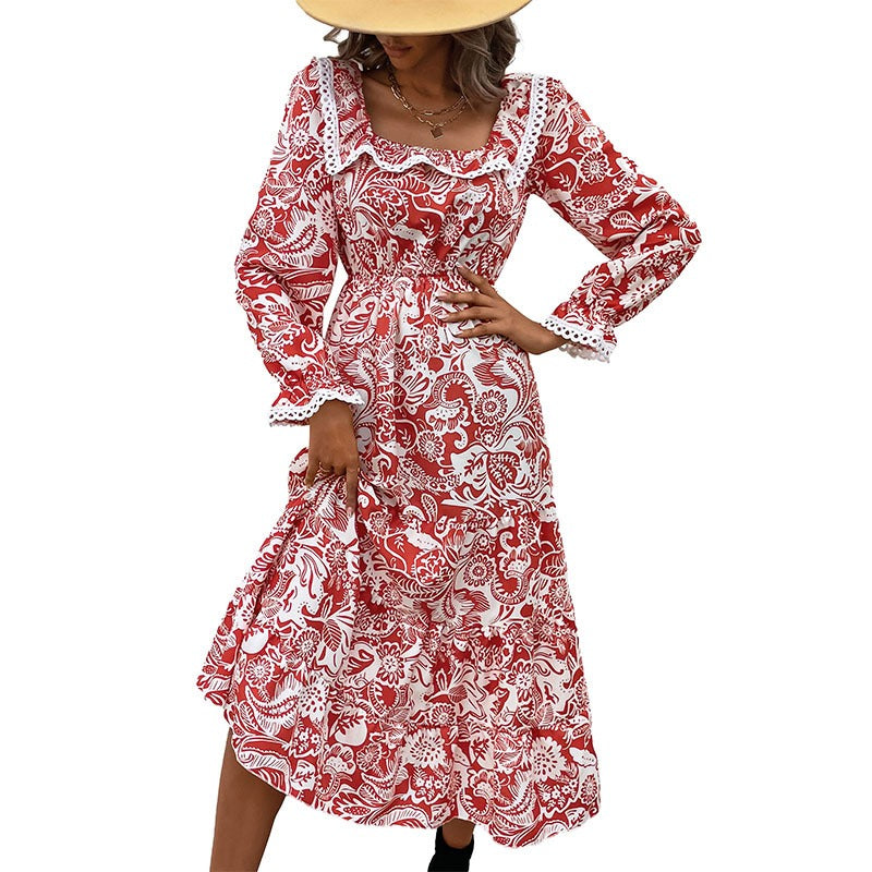 Women's Floral Lace Long Sleeve Midi Dress